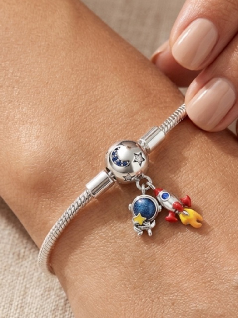 Space Rocket Charm Bracelet - Silver with Red, Blue & Yellow Accents - Picture 2 of 3